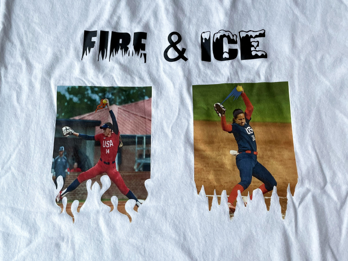 Monica Abbott and Cat Osterman featured on Team USA softball t-shirts.